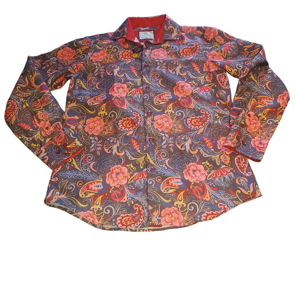 Suslo Couture Slim Fit Floral Paisley Button Shirt Men M Bold Print Pink Red NWT